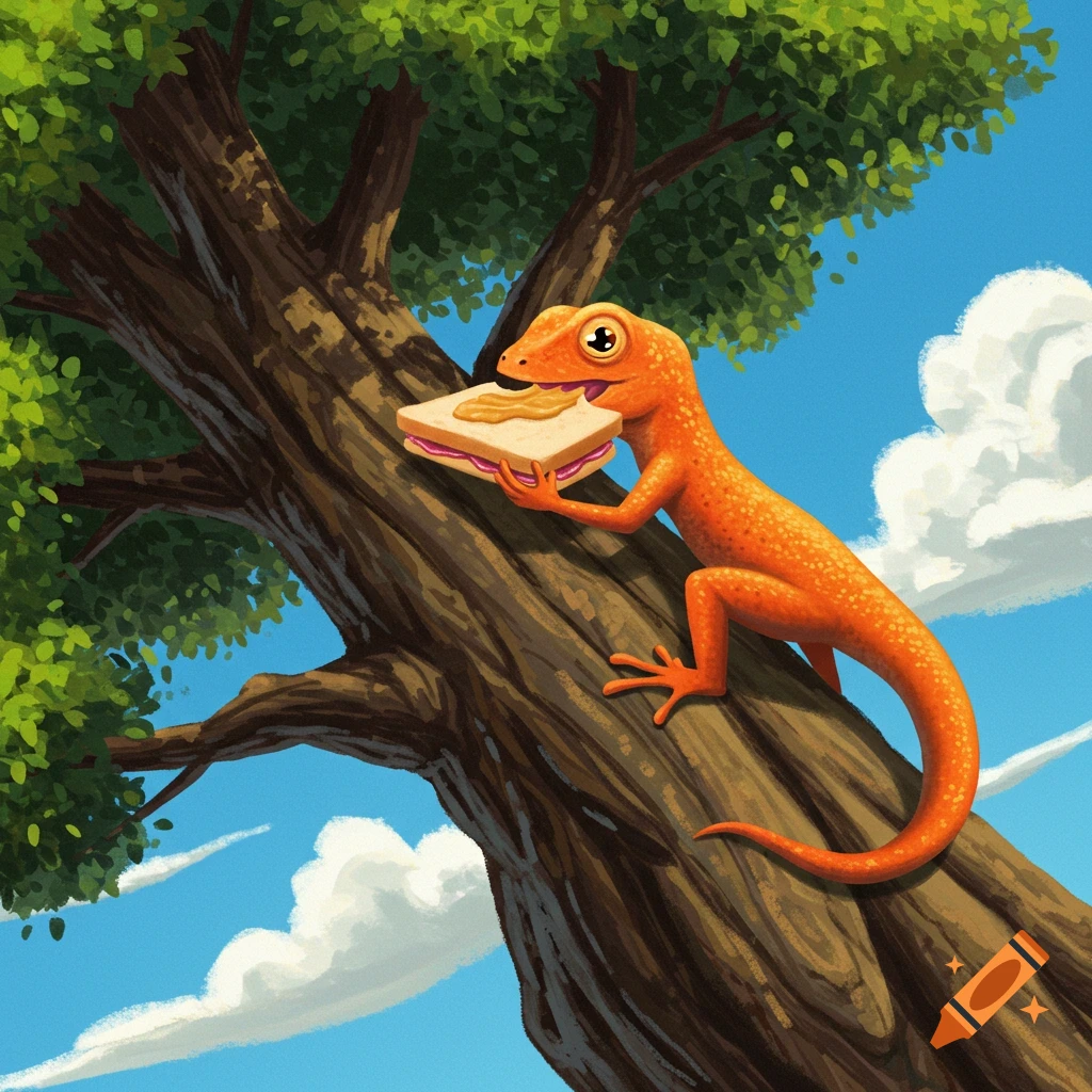 An orange lizard is climbing a tree and eating a peanut butter and jelly sandwich.