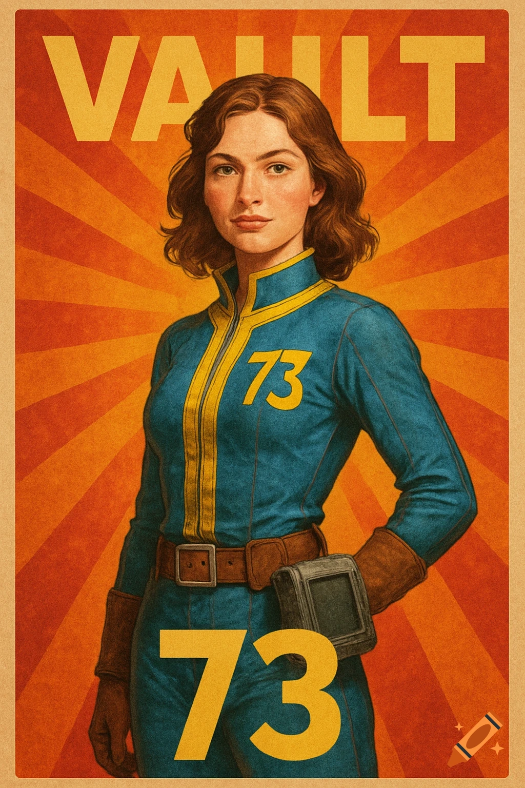 A woman in a blue and yellow Vault 73 jumpsuit against an orange sunburst background in a poster style.