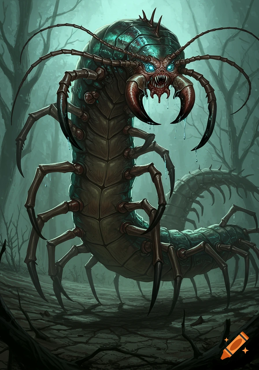 A monstrous centipede creature in a misty forest