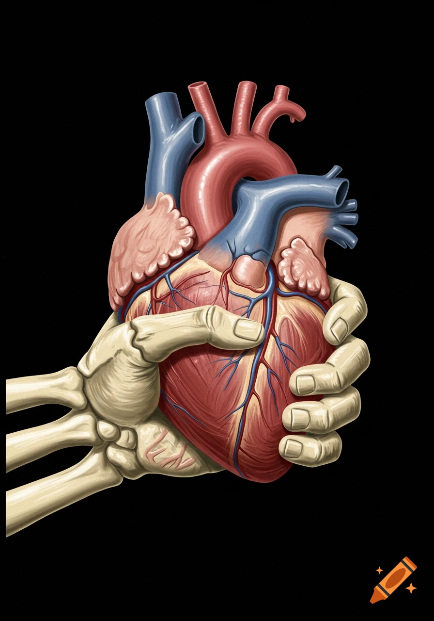 An anatomical heart held by a skeleton hand, illustration.