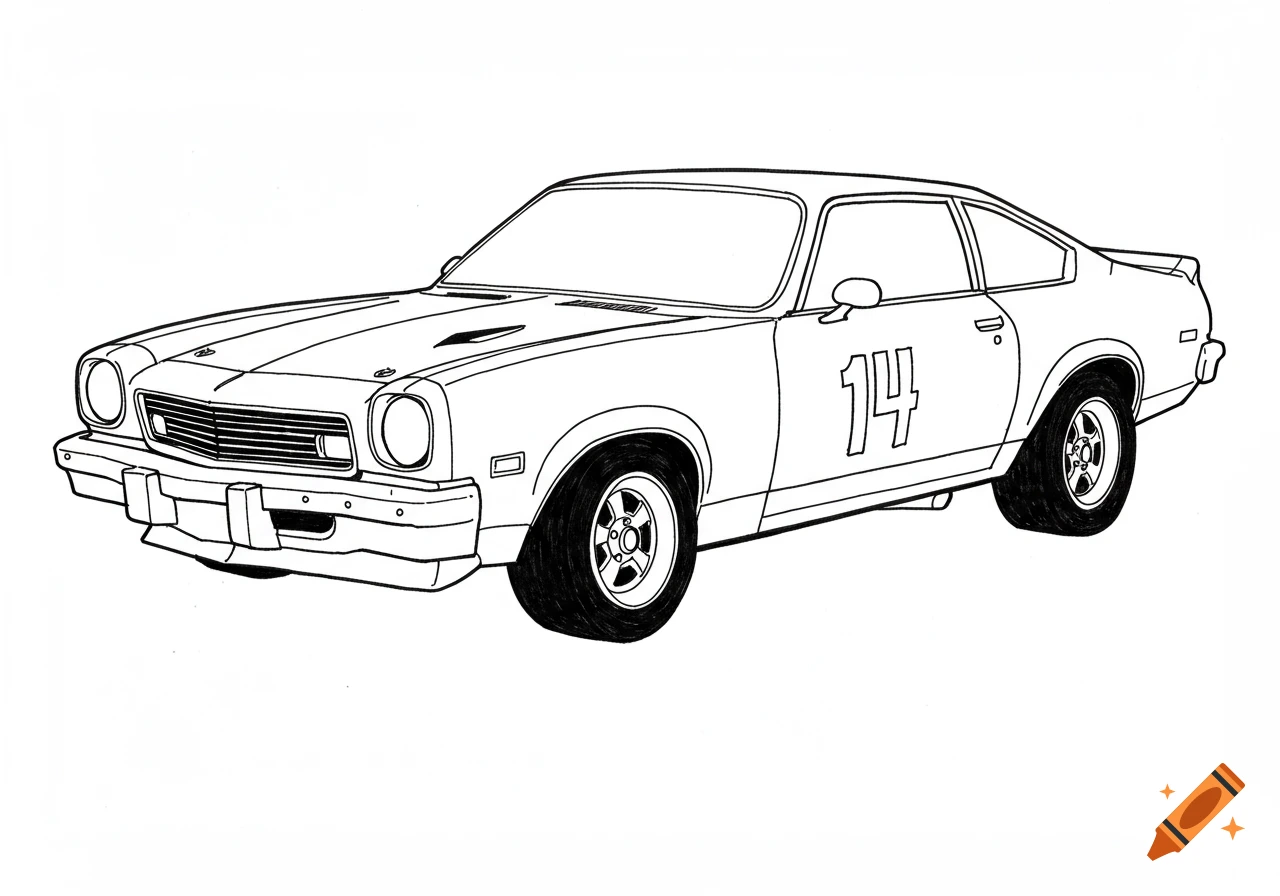 Line drawing of a 1973 Chevy Vega race car with the number 14 on the door, in a coloring book style.
