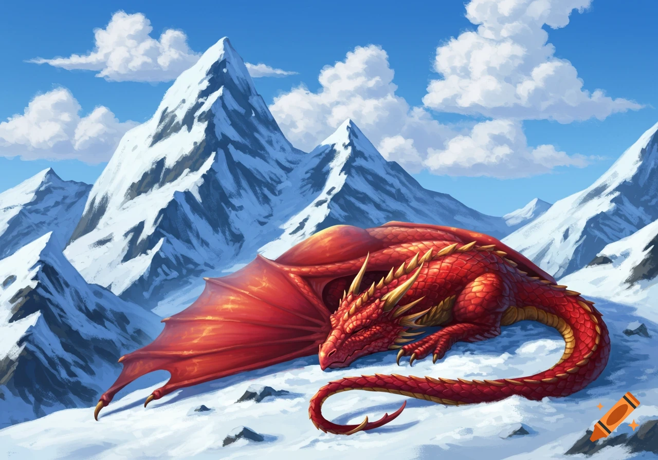 A red dragon sleeps in the snow.