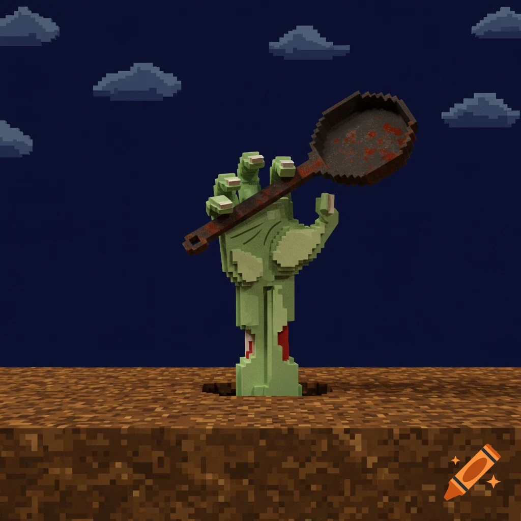 A pixelated zombie arm rises from the ground, holding a skillet against a dark blue sky with pixel clouds, in a 16-bit style.