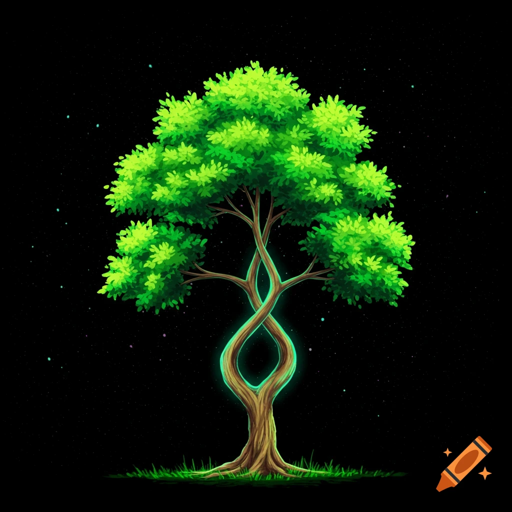 A stylized image of a tree with an intertwined, glowing trunk against a dark, starry background.