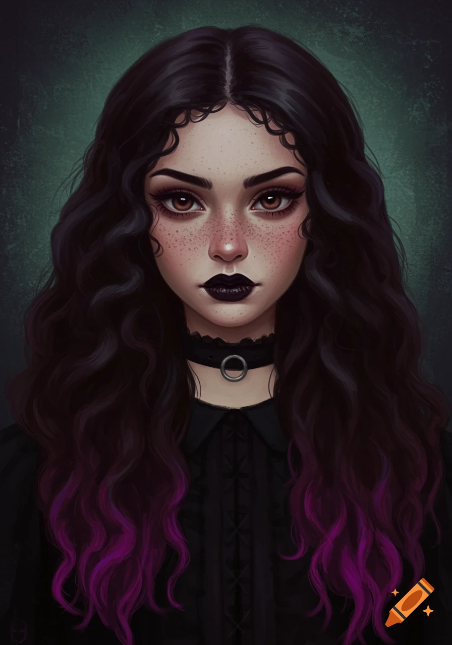 A gothic image of a woman with dark hair, freckles, purple ombr
ess ends, and dark makeup.
