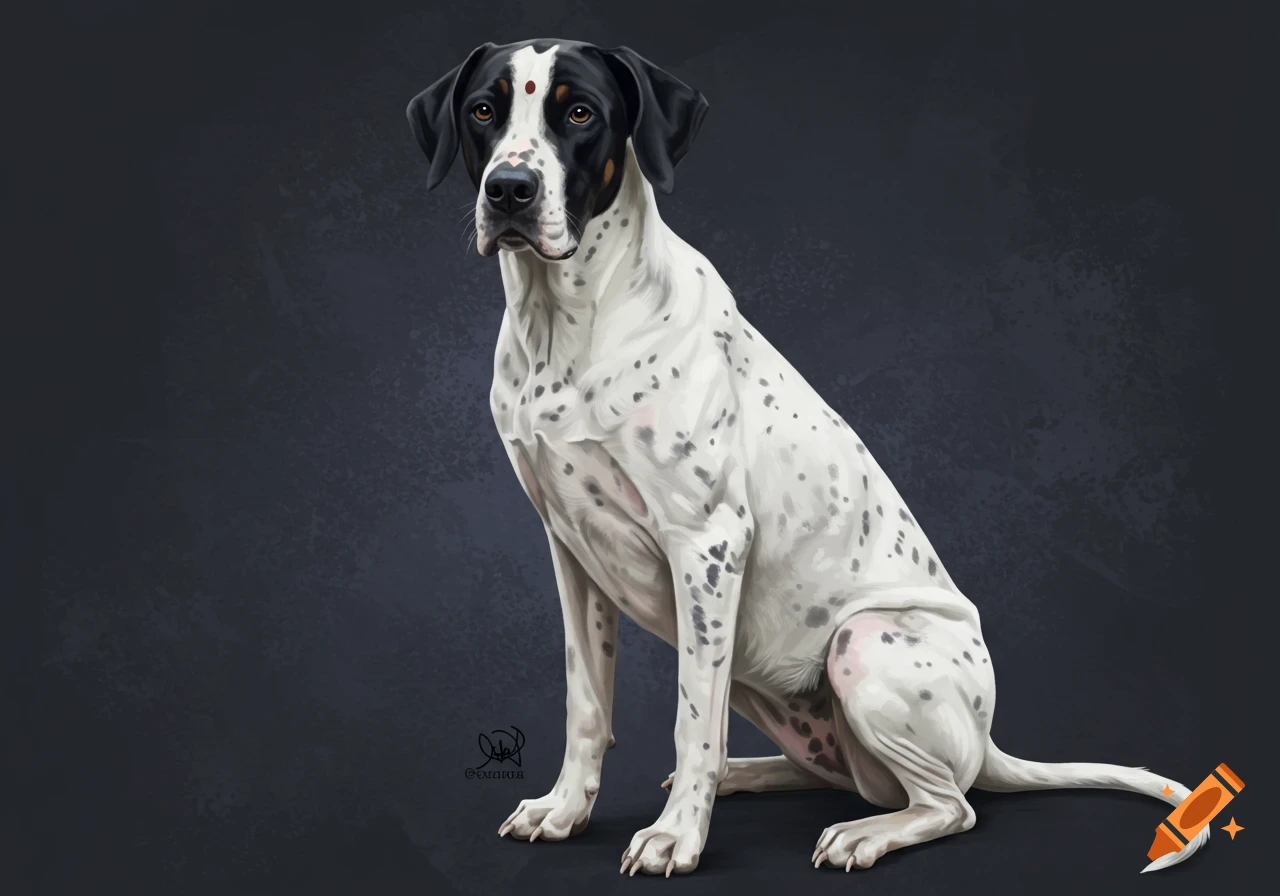 A large white dog with black spots and a black head sitting