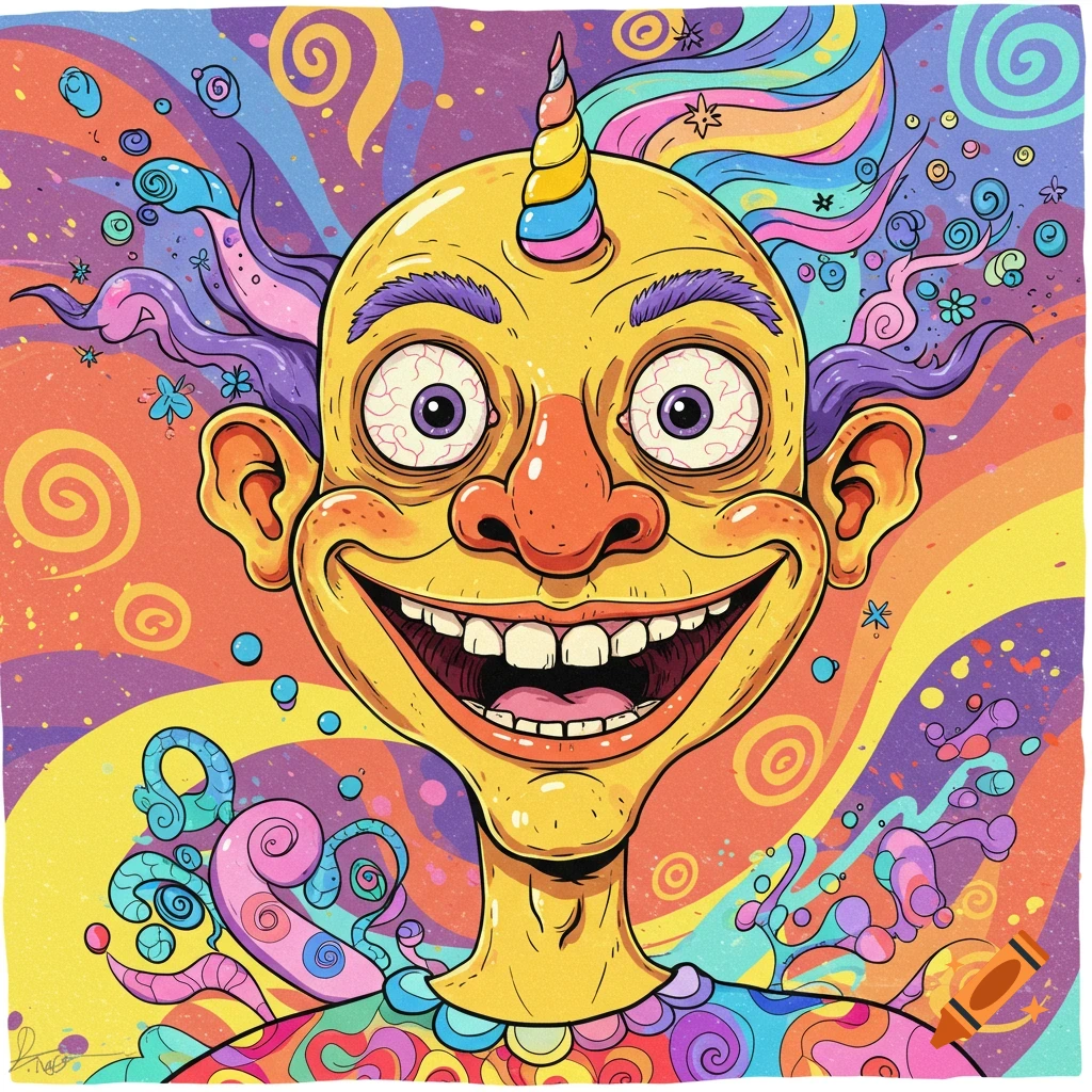 A cartoonish yellow character with crazy eyes, orange nose, and a unicorn horn, against a colorful psychedelic background.