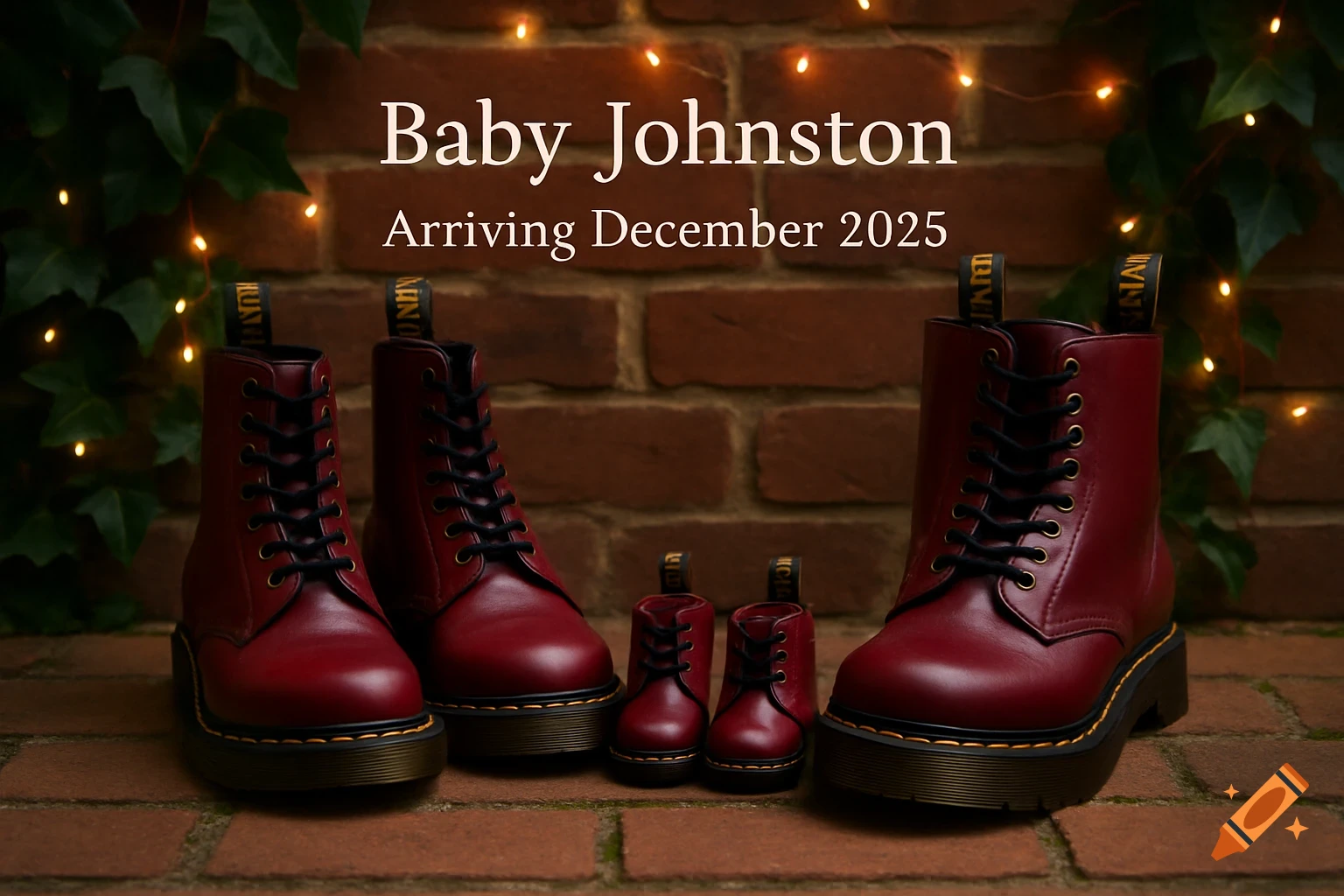 Three pairs of red Dr. Martens boots (adult and baby sizes) with 'Baby Johnston Arriving December 2025' text overlay, against a brick background with lights.