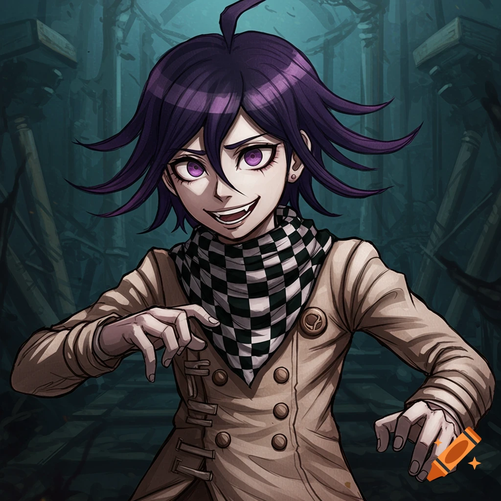 Anime character with purple hair and checkered scarf smiling mischievously in a dark, stylized setting.