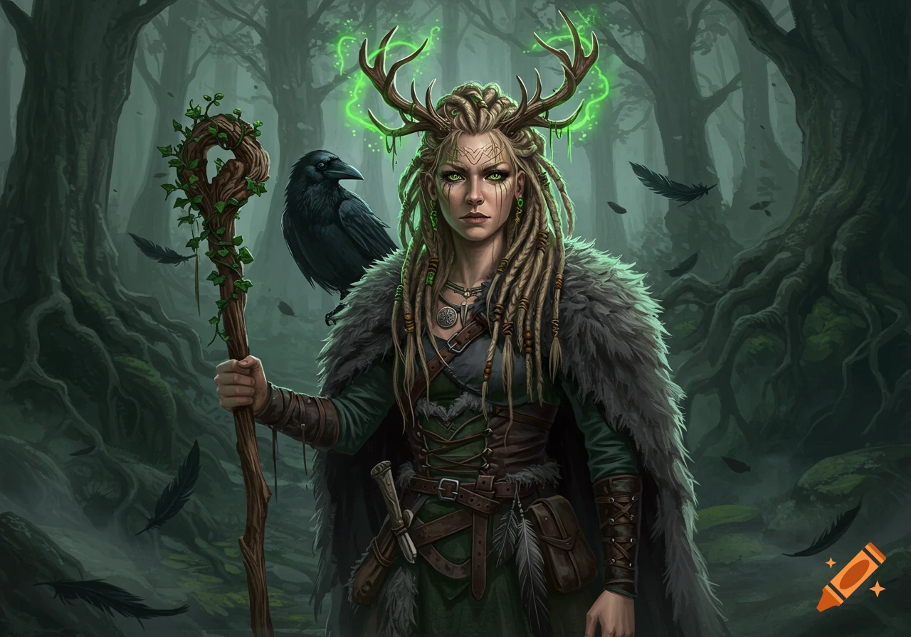 A female druid with dreadlocks and antlers stands in a misty forest with a raven.