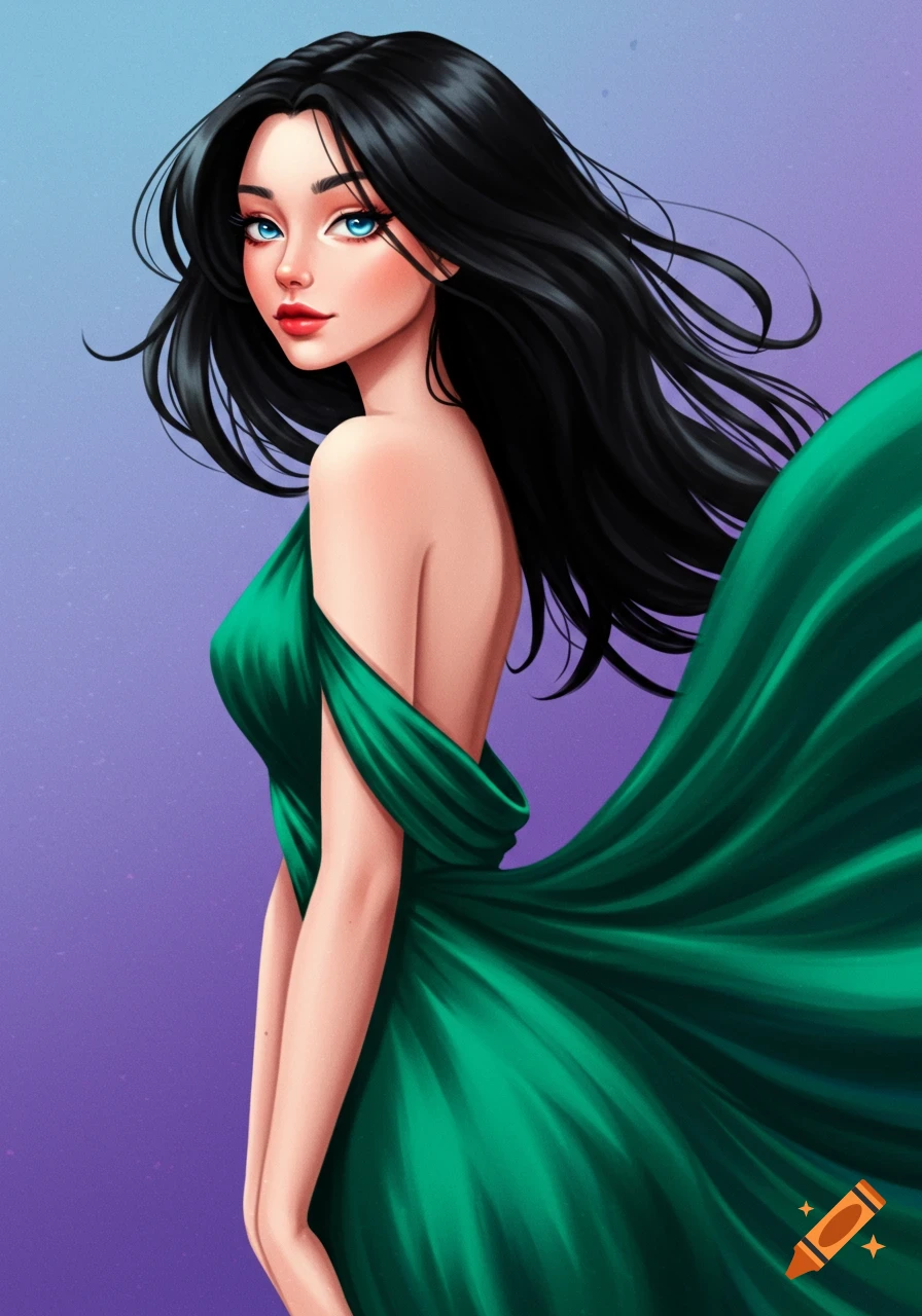 A woman with dark hair in a flowing green dress against a purple background.