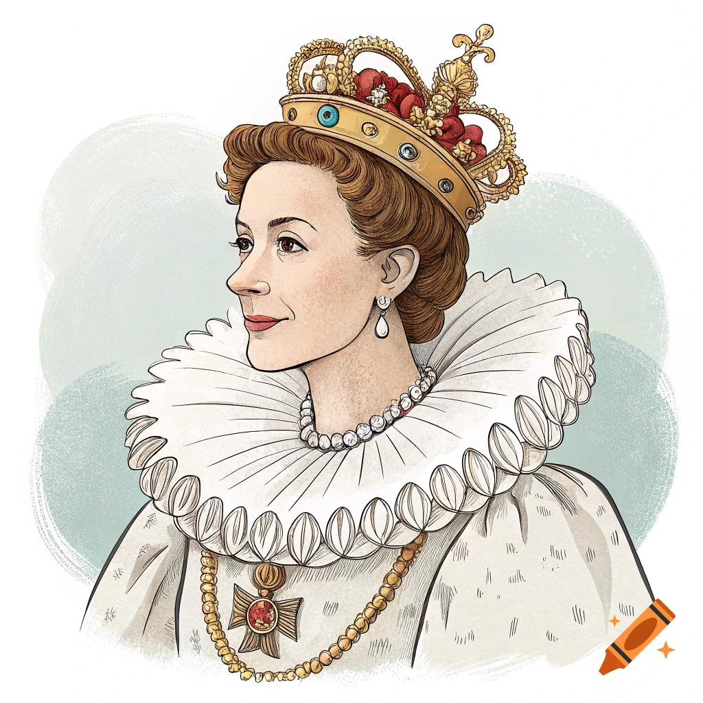 Cartoon illustration of Queen Elizabeth I in profile.