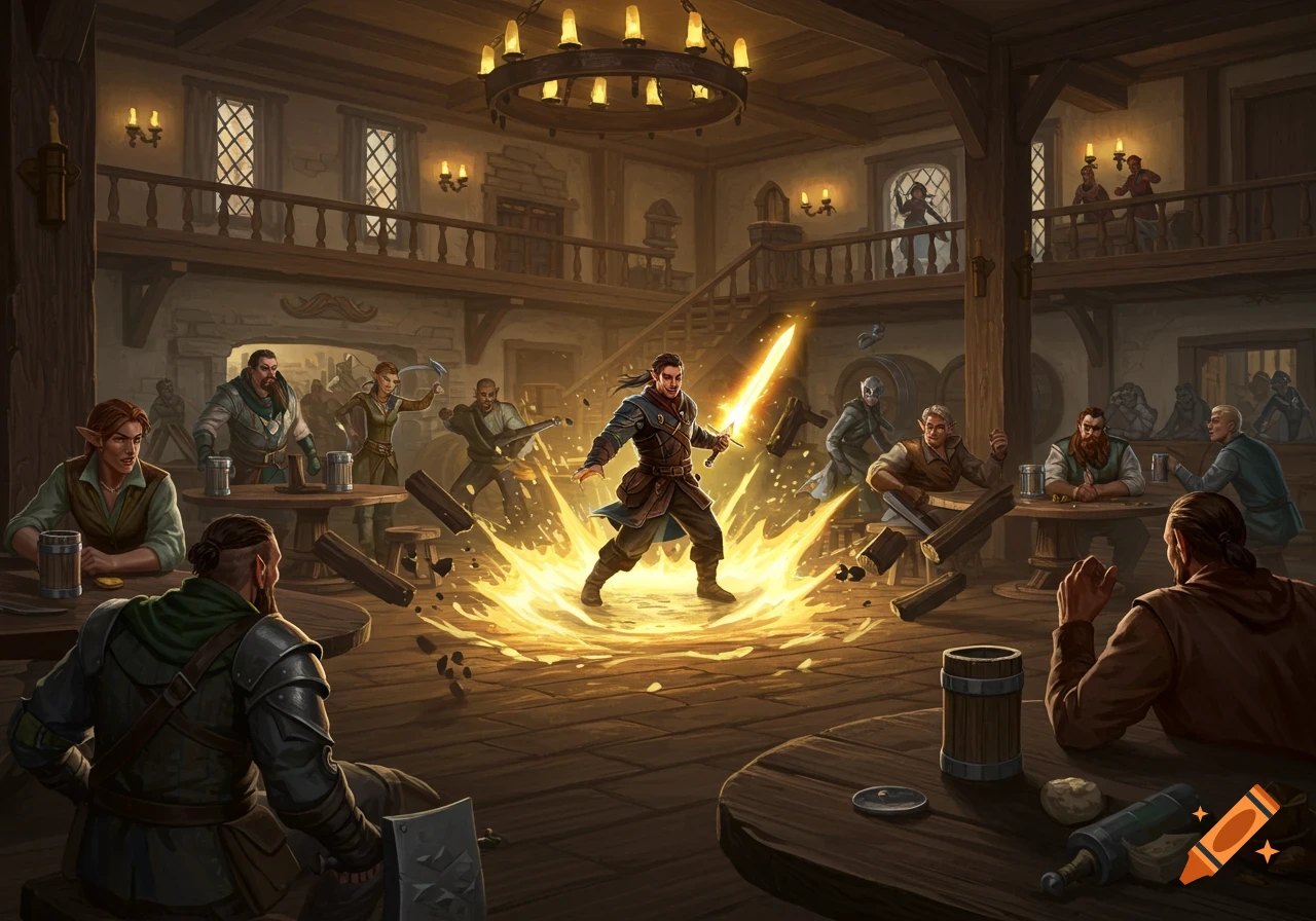 An image of adventurers in a fantasy tavern with a magical shockwave blast