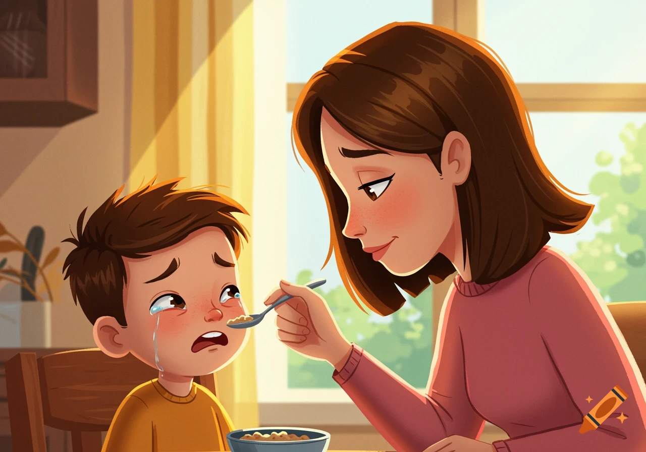 A cartoon illustration of a mother feeding her crying son.