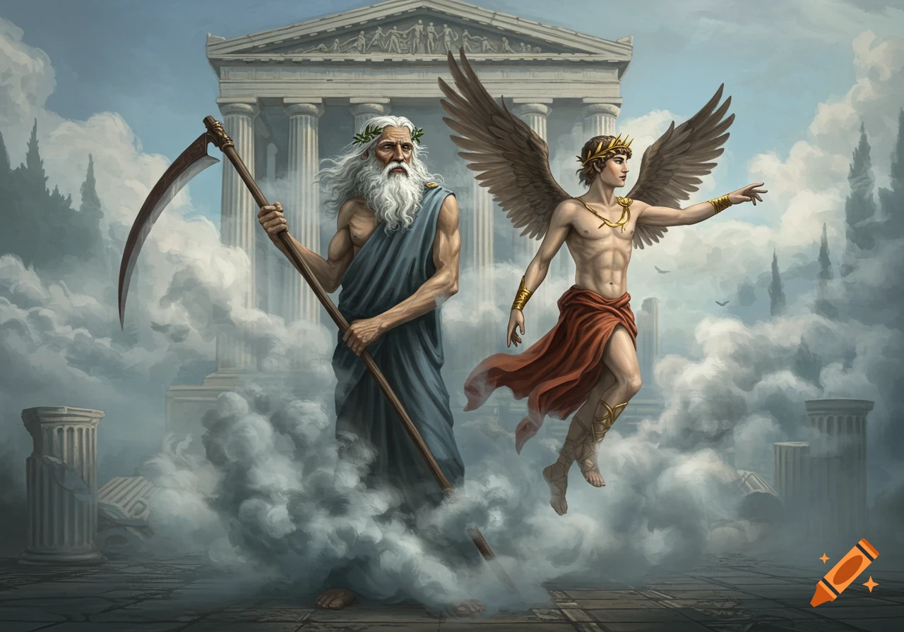 The old, bearded figure of Chronos with a scythe stands in smoke beside the winged youth Kairos in front of a Greek temple.