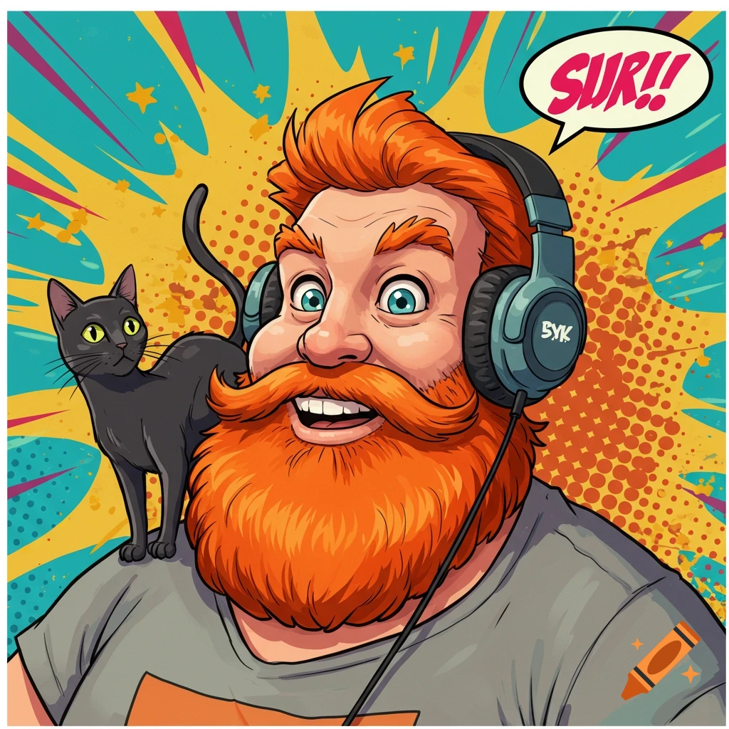 Cartoon man with orange beard and headphones, black cat on shoulder, in pop art comic book style.