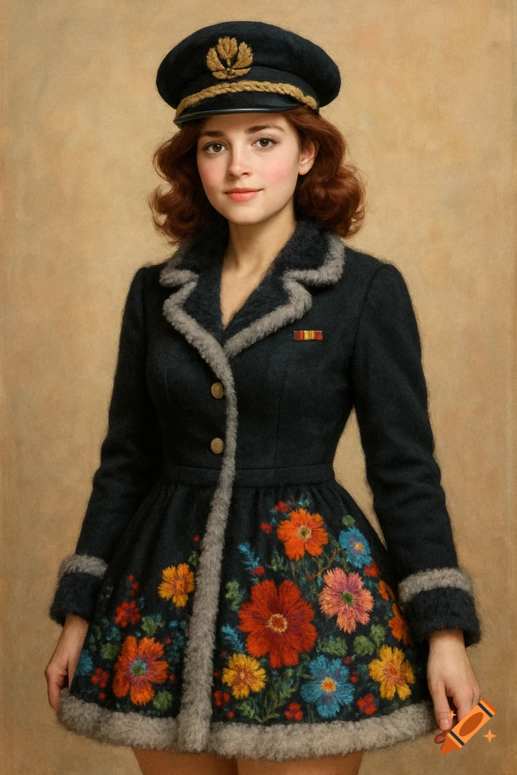 A woman in a military cap and coat with a colorful floral skirt.