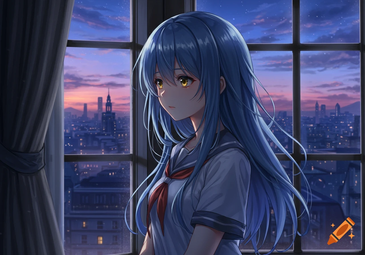 Anime girl in a school uniform looks out a window at a city skyline during sunset.