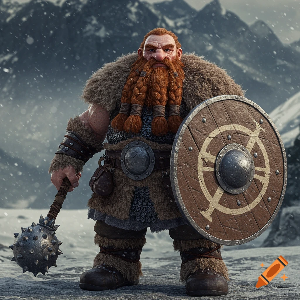 A fantasy dwarf warrior with braided red beard holds a mace and shield in a snowy mountain landscape.