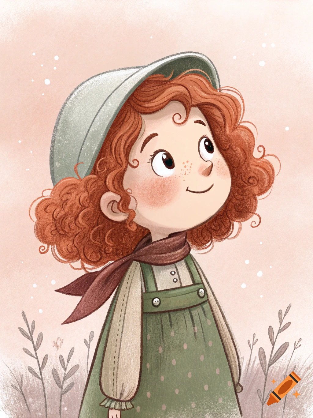 A cartoon portrait of a young girl with red curly hair and freckles, wearing a green hat and overalls, looking upwards.