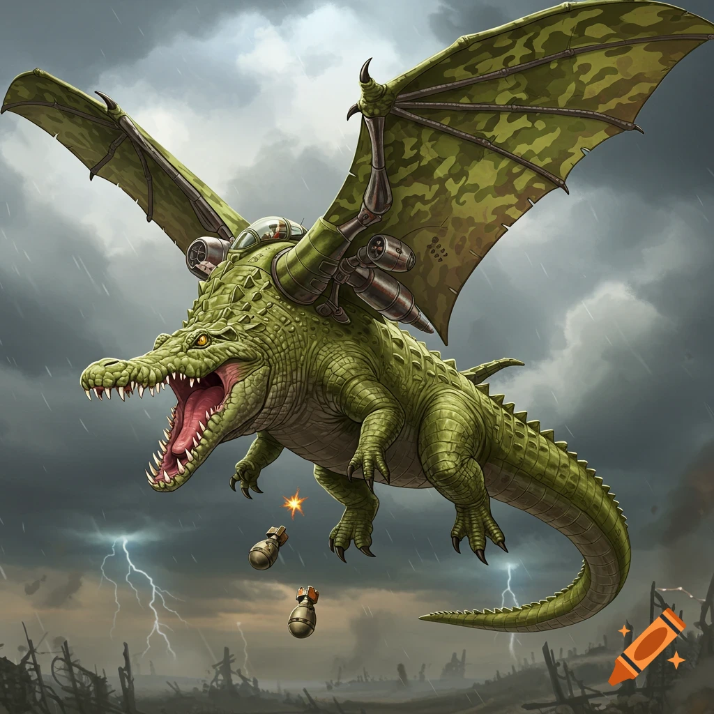 A giant crocodile with bomber wings and engines dropping bombs over a war-torn landscape.