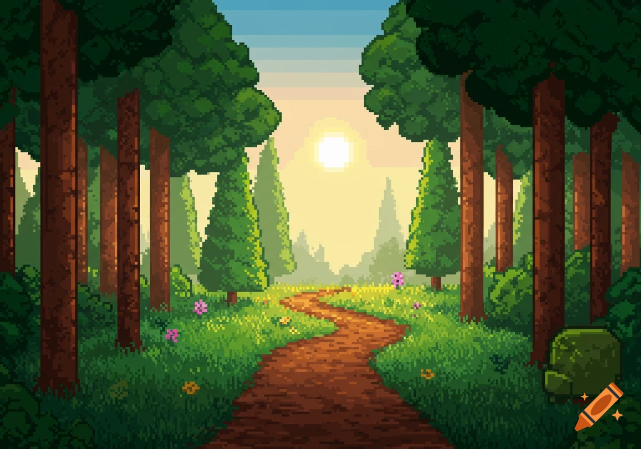Pixel art forest path at sunrise