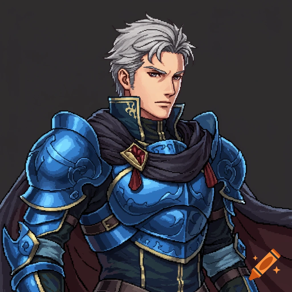 Pixel art portrait of a man in blue armor with grey hair and a black cape.