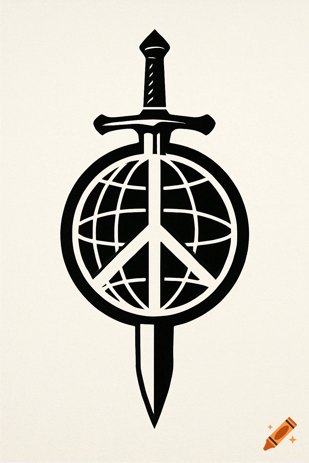 Black and white graphic of a sword piercing a globe with a peace symbol