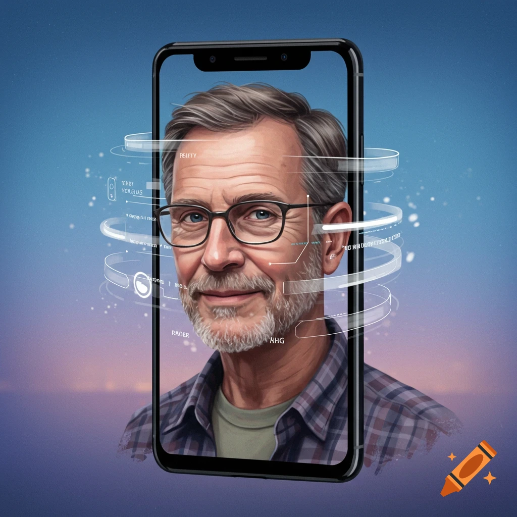 A man emerging from a smartphone screen with digital elements