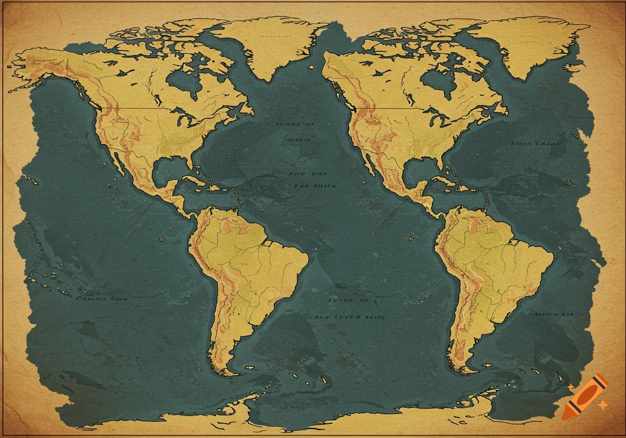 Stylized vintage map showing the Americas and oceans with post-sea level rise coastlines.