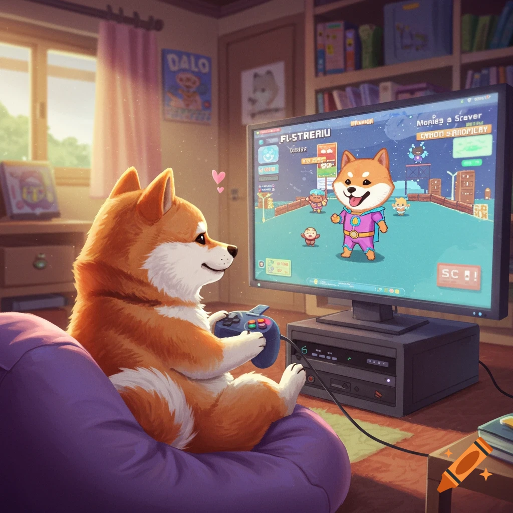 A cute Shiba Inu dog sits on a purple bean bag chair playing video games on a monitor.