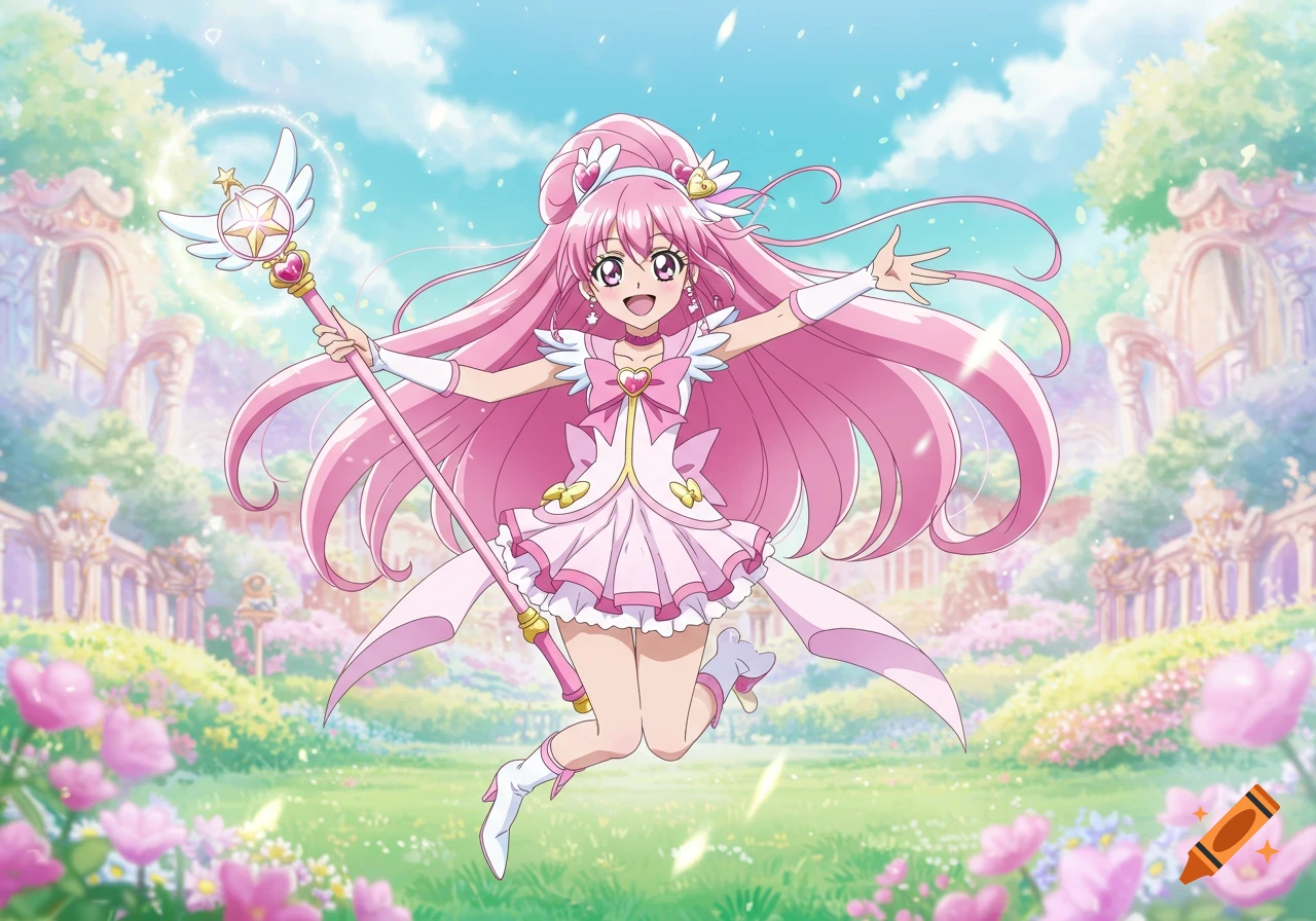 An anime magical girl with pink hair in a white and pink dress jumps with a staff in a fantasy garden.