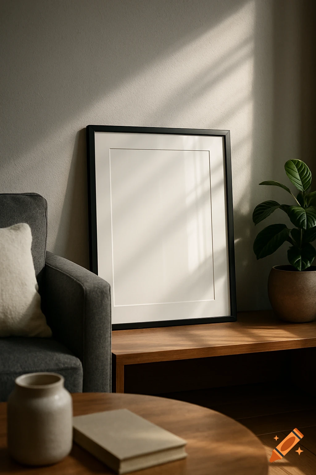 A black picture frame leans on a wooden stand next to a gray couch and a plant in a sunlit modern living room.