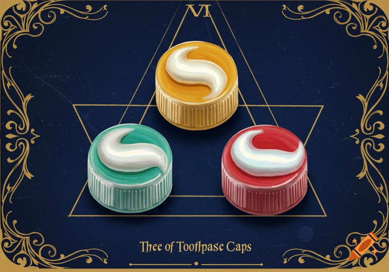 Digital illustration of three toothpaste caps arranged like a tarot card.
