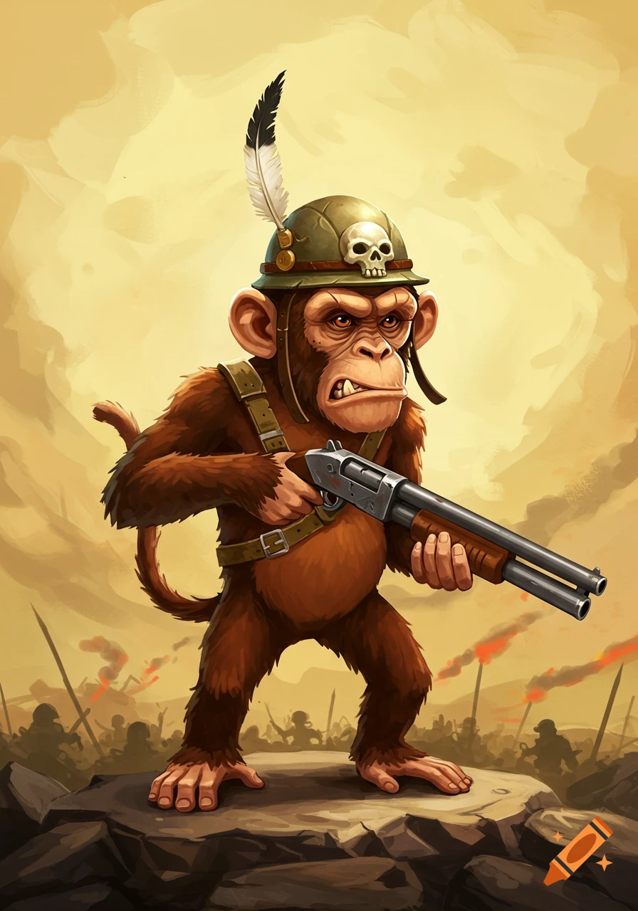 A cartoon monkey wearing a military helmet and holding a shotgun, standing on rocks with a battle in the background.
