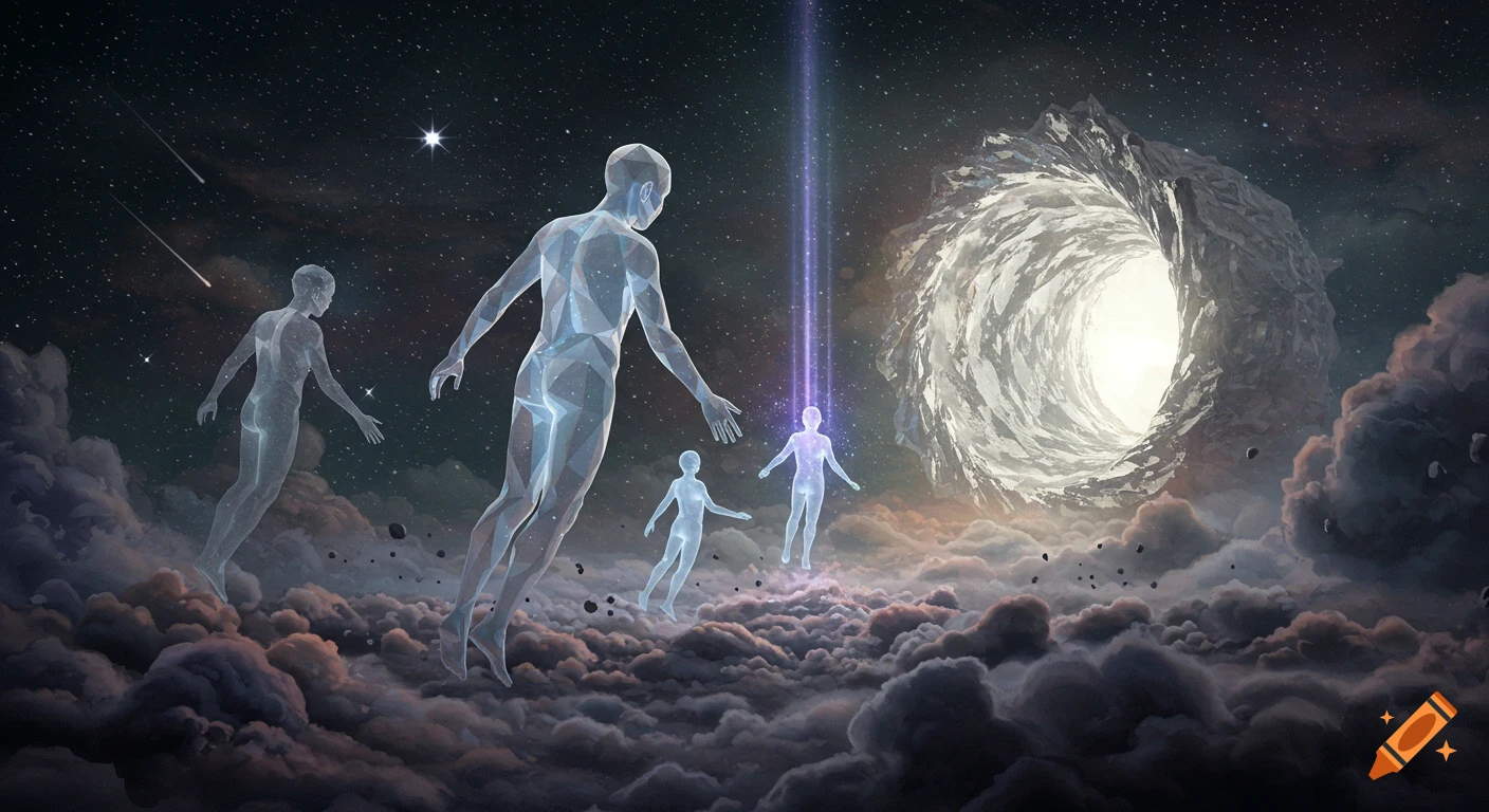 Abstract translucent figures float towards a glowing portal in space with stars and clouds.