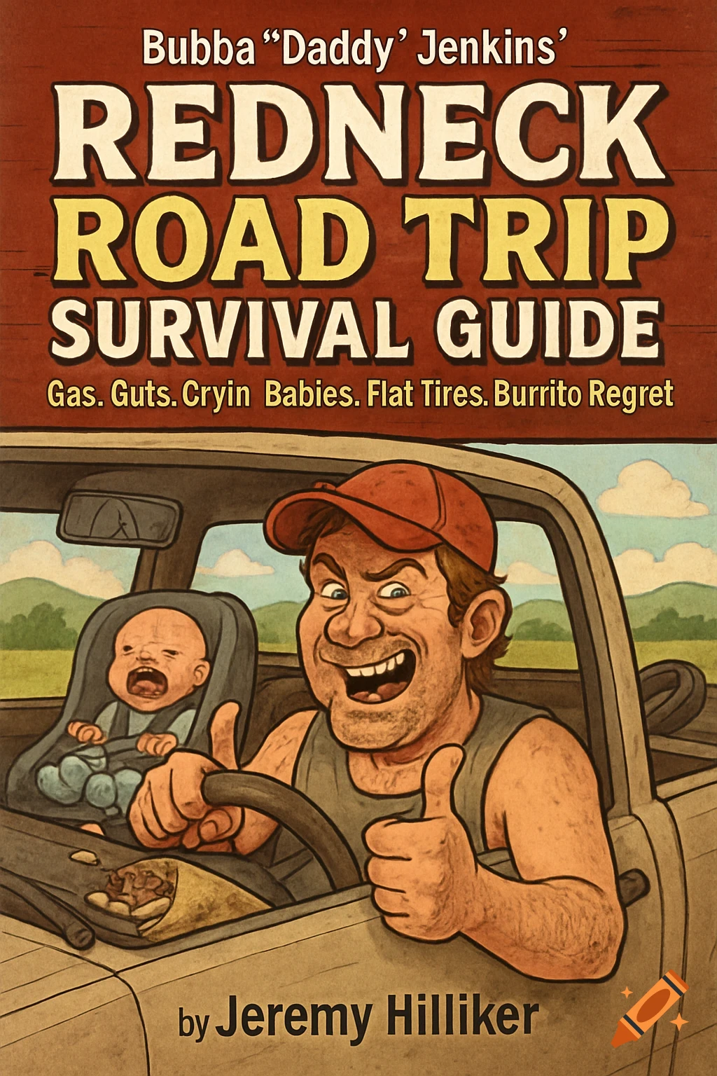Illustration of a book cover titled 'Bubba “Daddy” Jenkins’ Redneck Road Trip Survival Guide' showing a cartoon man driving with a crying baby in a car seat.