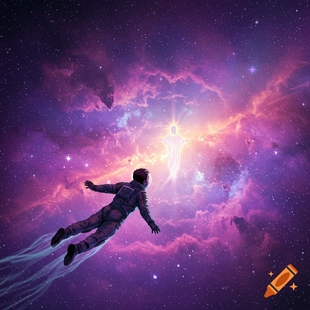 An astronaut floats in a nebula, reaching towards a glowing figure.