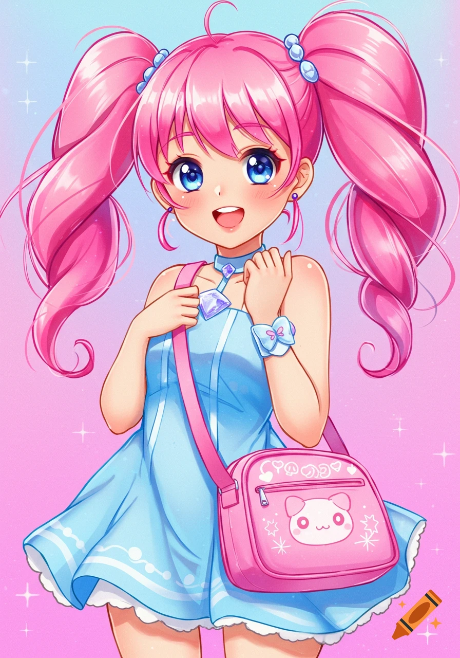 A cute anime girl with pink hair, blue eyes, blue dress, and pink shoulder bag.