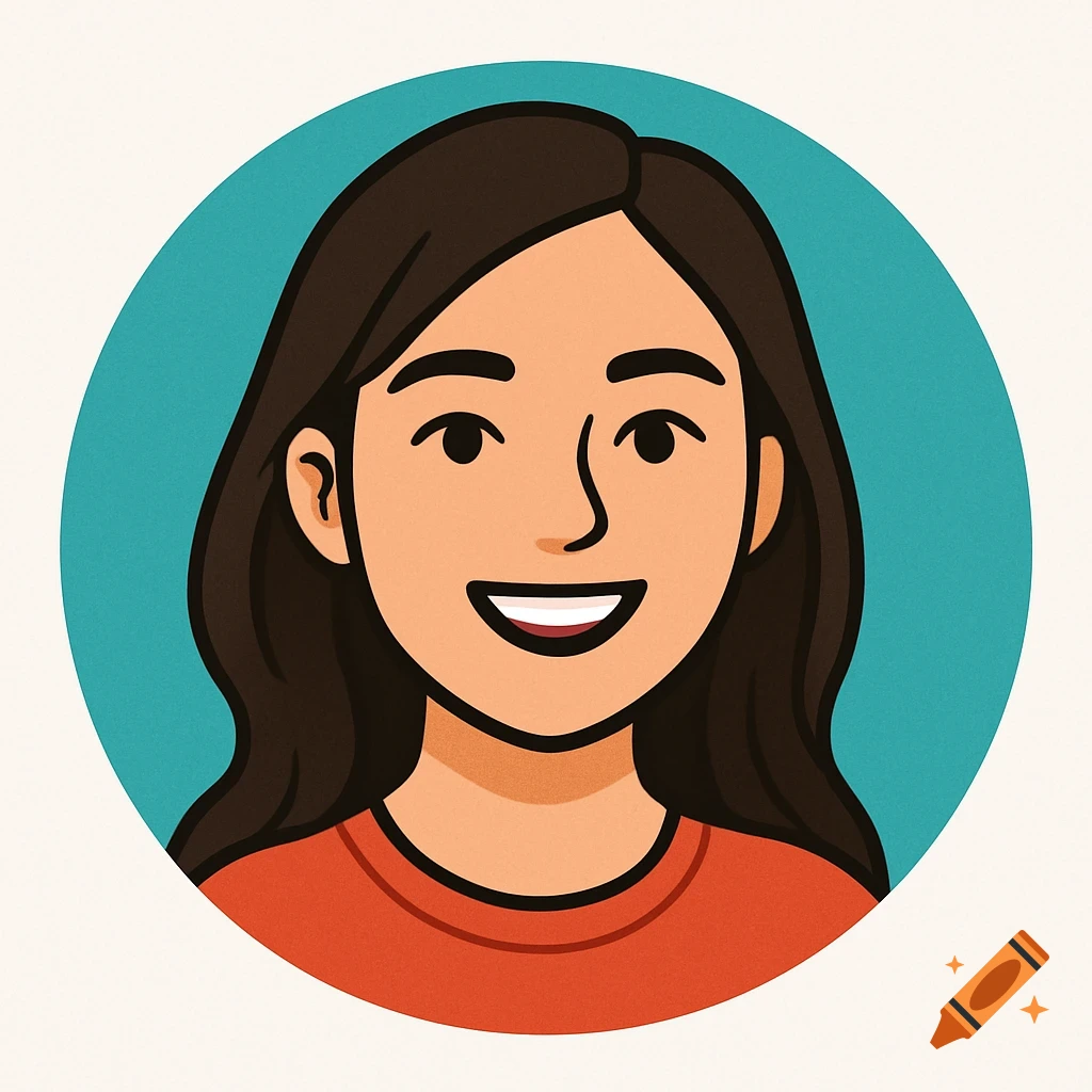 Cartoon portrait of a smiling woman in a blue circle