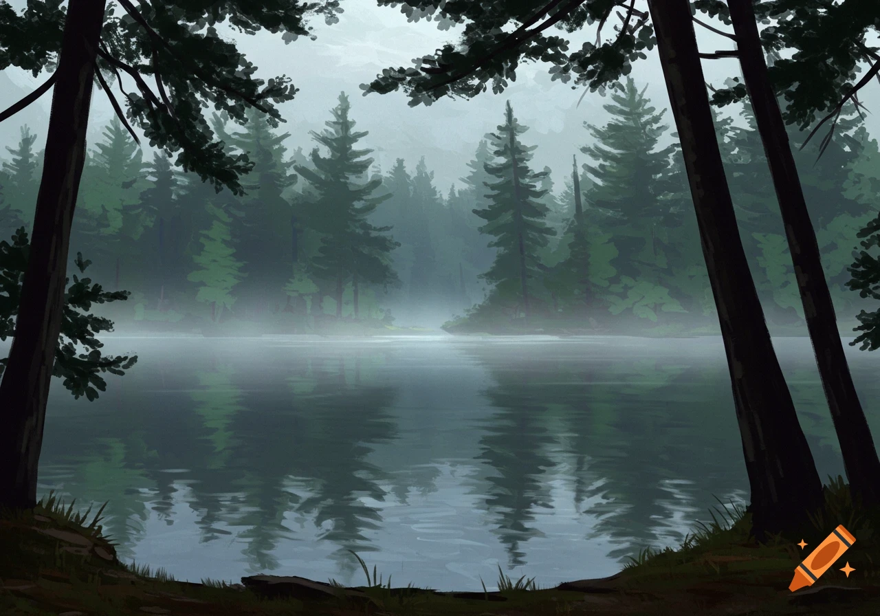A moody image of a misty forest lake surrounded by trees, with reflections on the water.