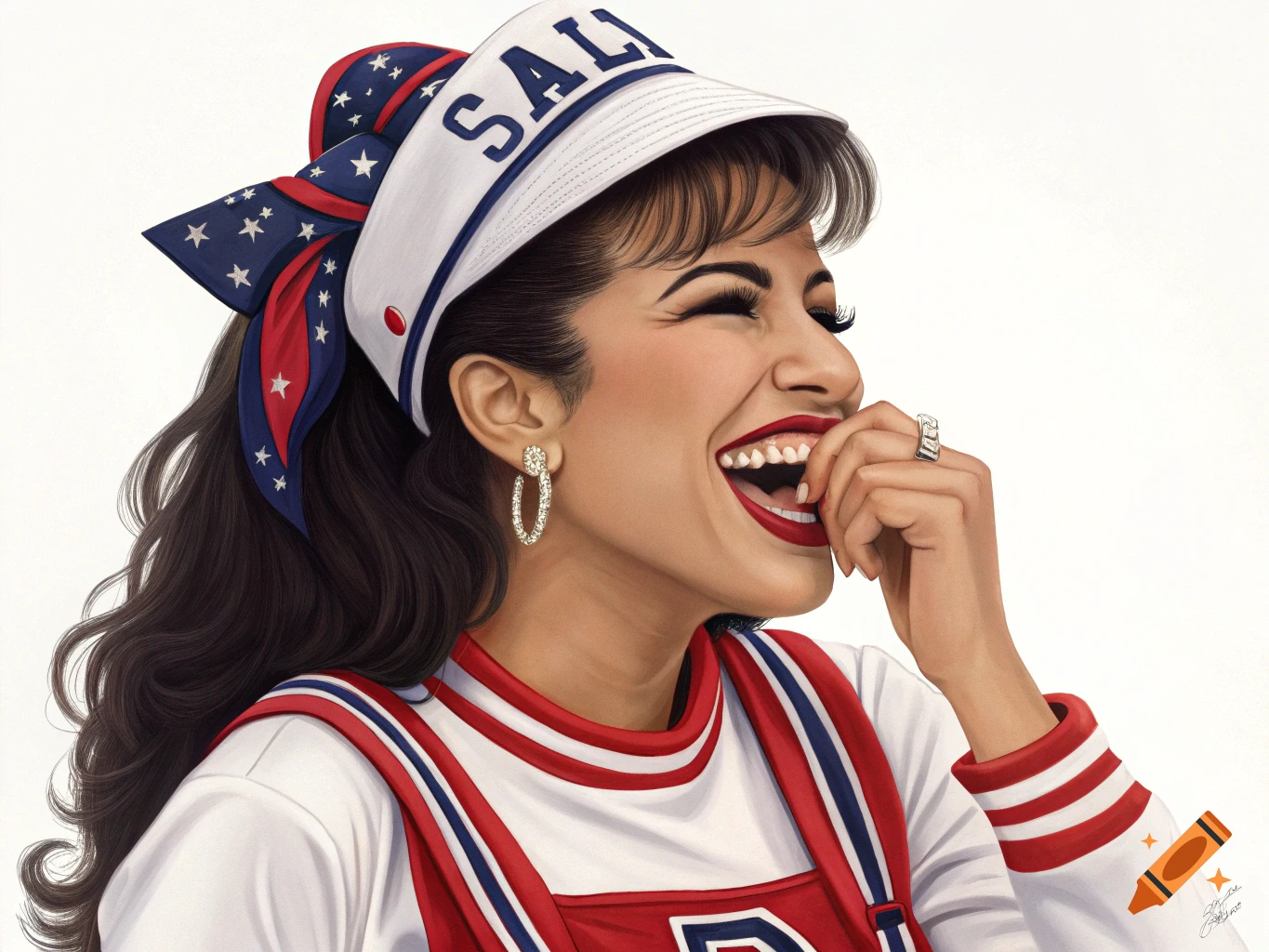 A portrait illustration of Selena Quintanilla in a cheerleader uniform, laughing and covering her mouth.