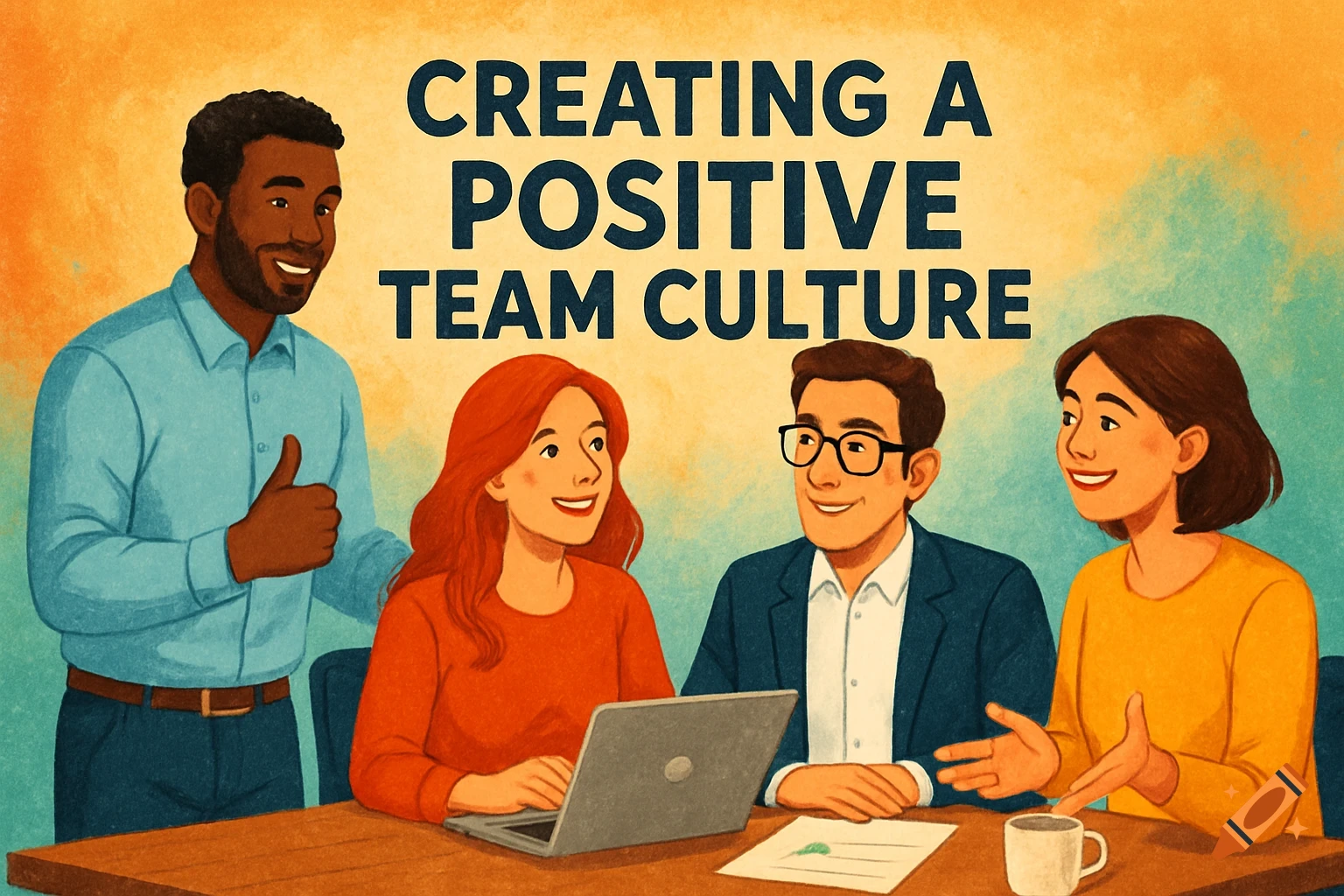 Four people around a table discussing work, with the text 'CREATING A POSITIVE TEAM CULTURE'.