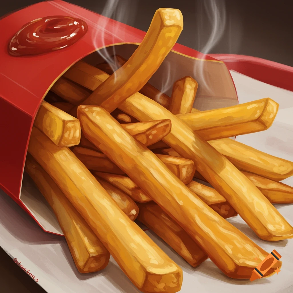Steaming french fries in a red container with ketchup.