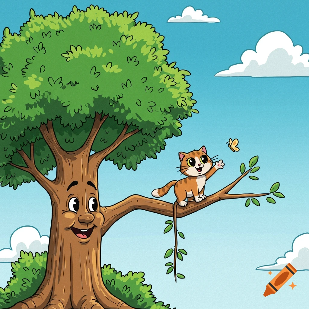Cartoon tree with a face and a cat on a branch reaching for a butterfly.