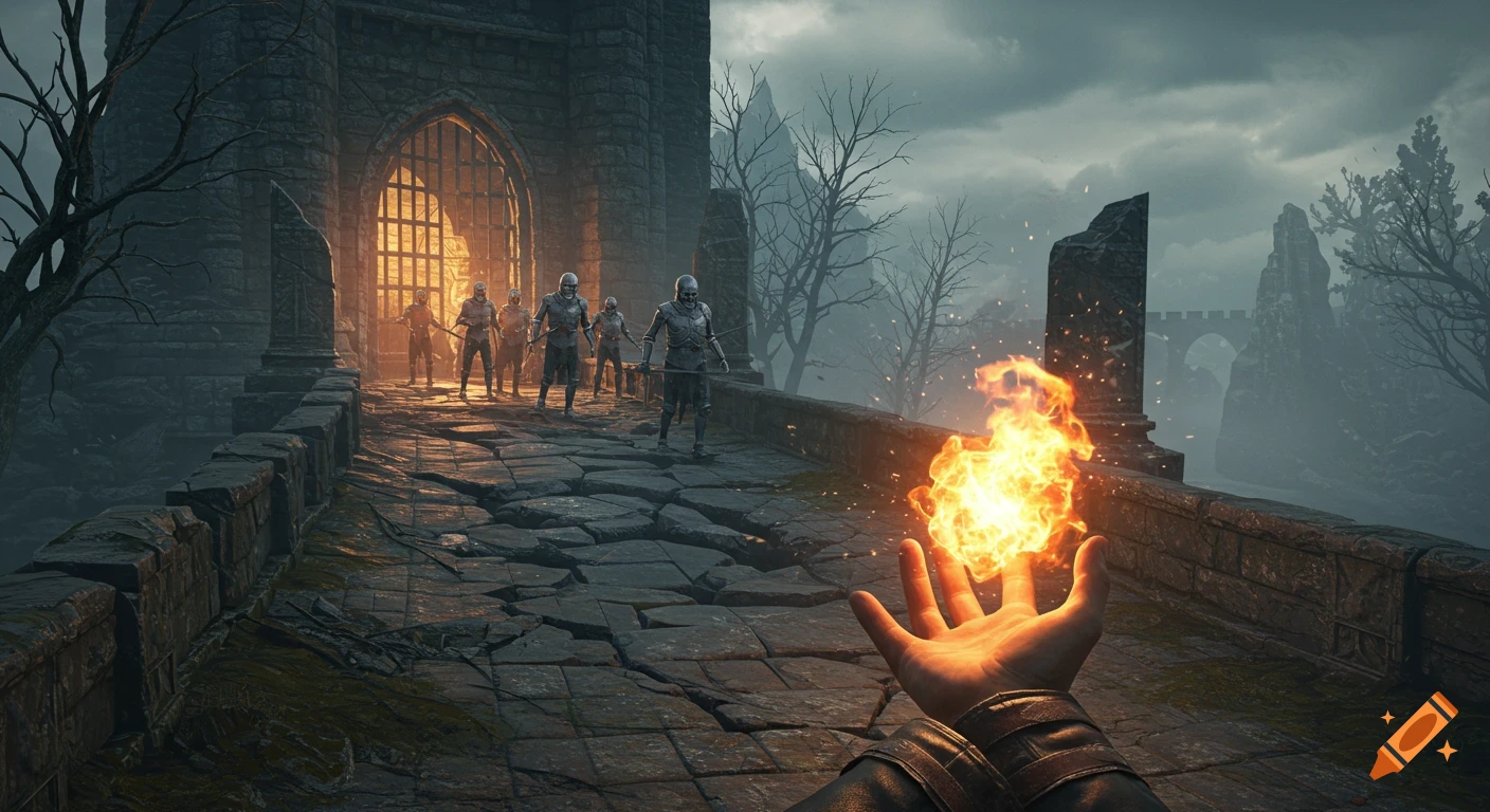 First-person view of hand casting fireball, facing skeleton warriors on a cracked bridge towards a castle gate under a cloudy sky.
