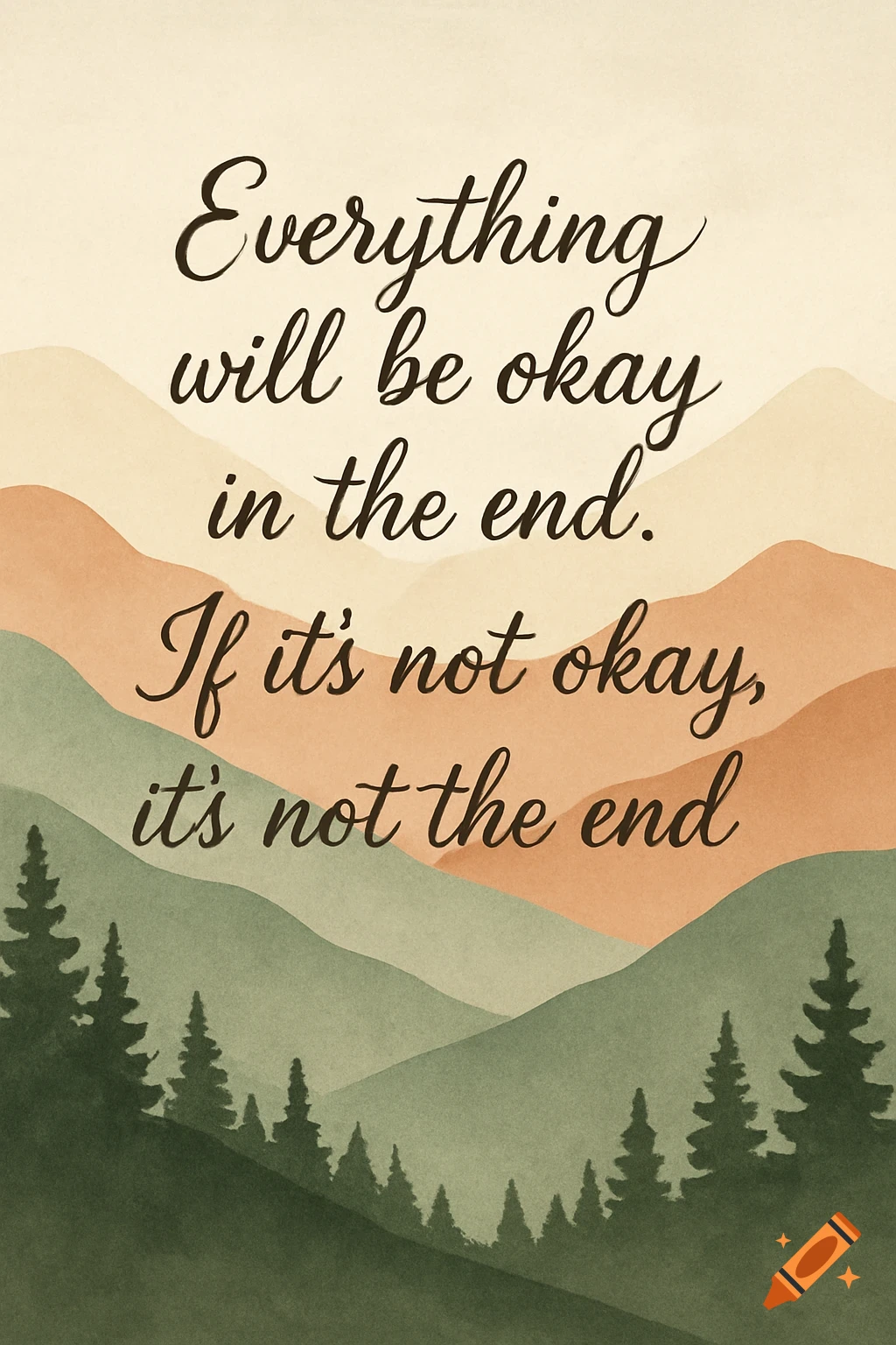 Minimalist watercolor landscape with mountains and trees, overlaid with an inspirational quote.
