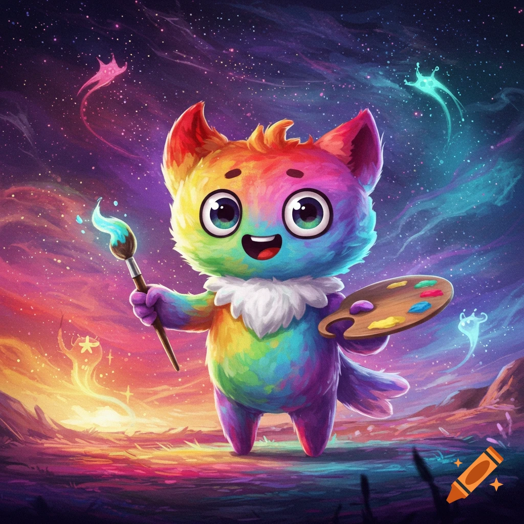 A cute, rainbow cartoon cat holds a paintbrush and palette in a starry fantasy landscape.