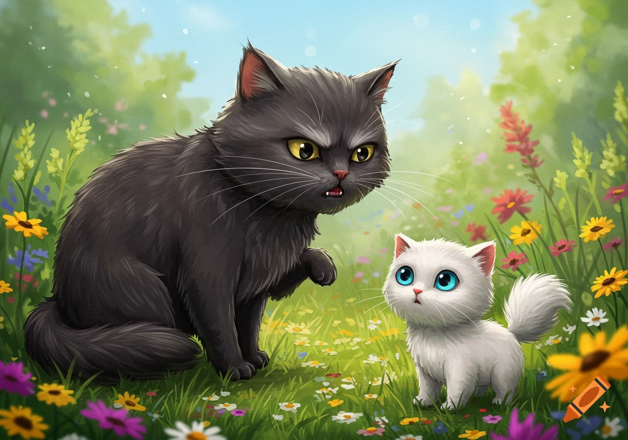 A grumpy black cat talking to a wide-eyed white kitten in a field of wildflowers.