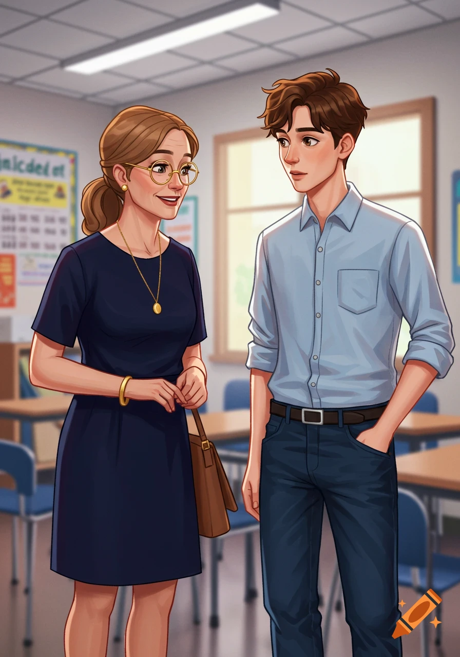 A teacher and student talk in a classroom.